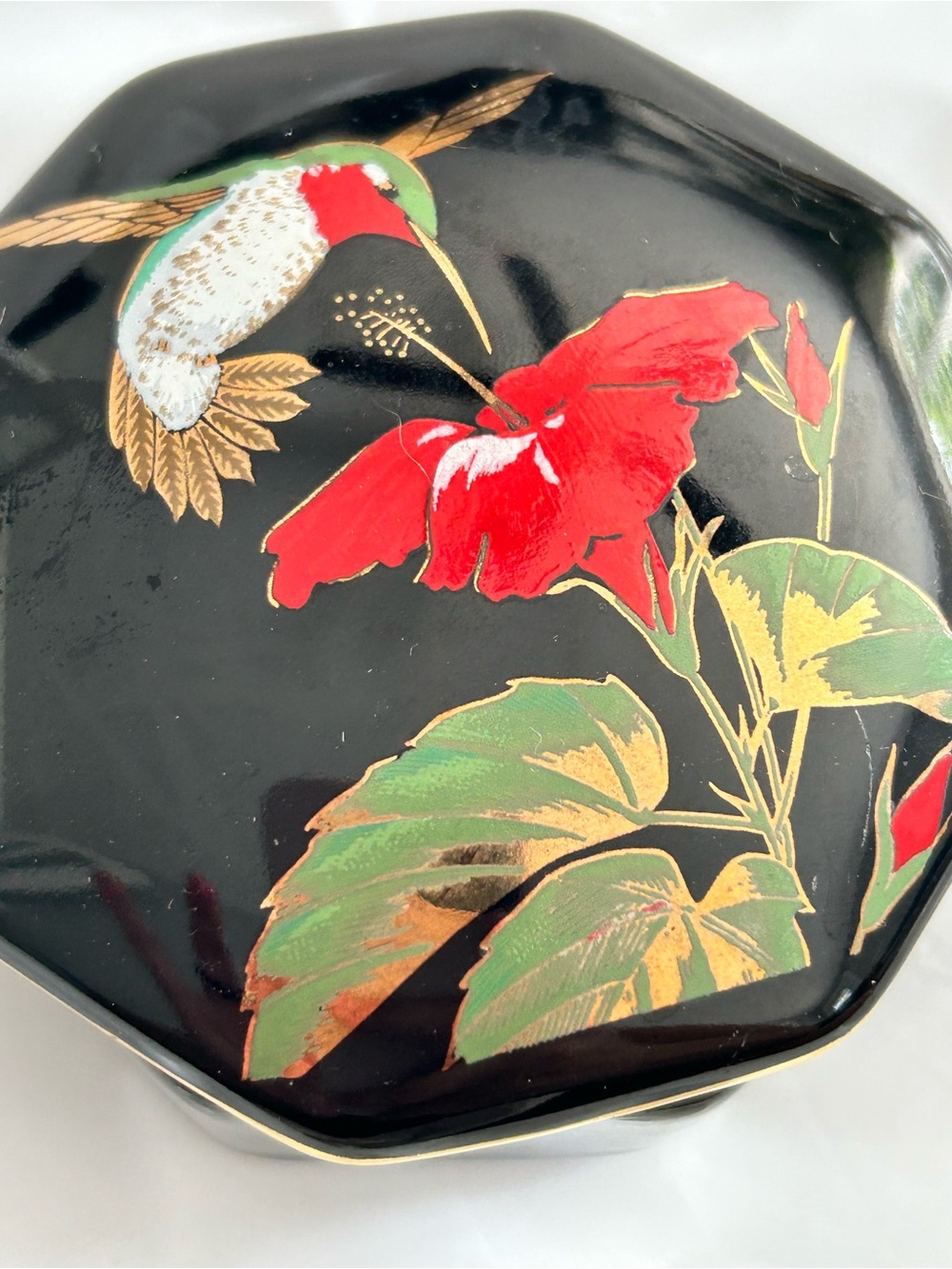 4/$100 Black Lacquer Trinket Box with Red Floral & Hummingbird Motif